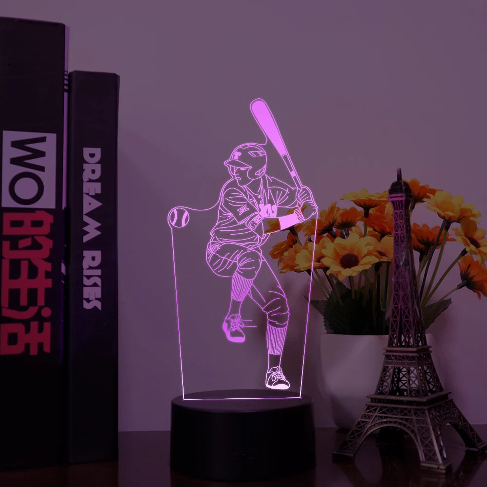 Baseball Player Sports Design Acrylique LED Lamp Promotional Crafts 3d Optical Illusions Night Light