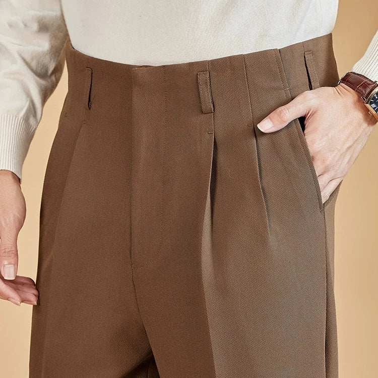 Men's Retro for Hollywood Style Suit Pants Custom Label 260gGSW Double Pleated New Knit Twill High Waist Straight Plain Dyed