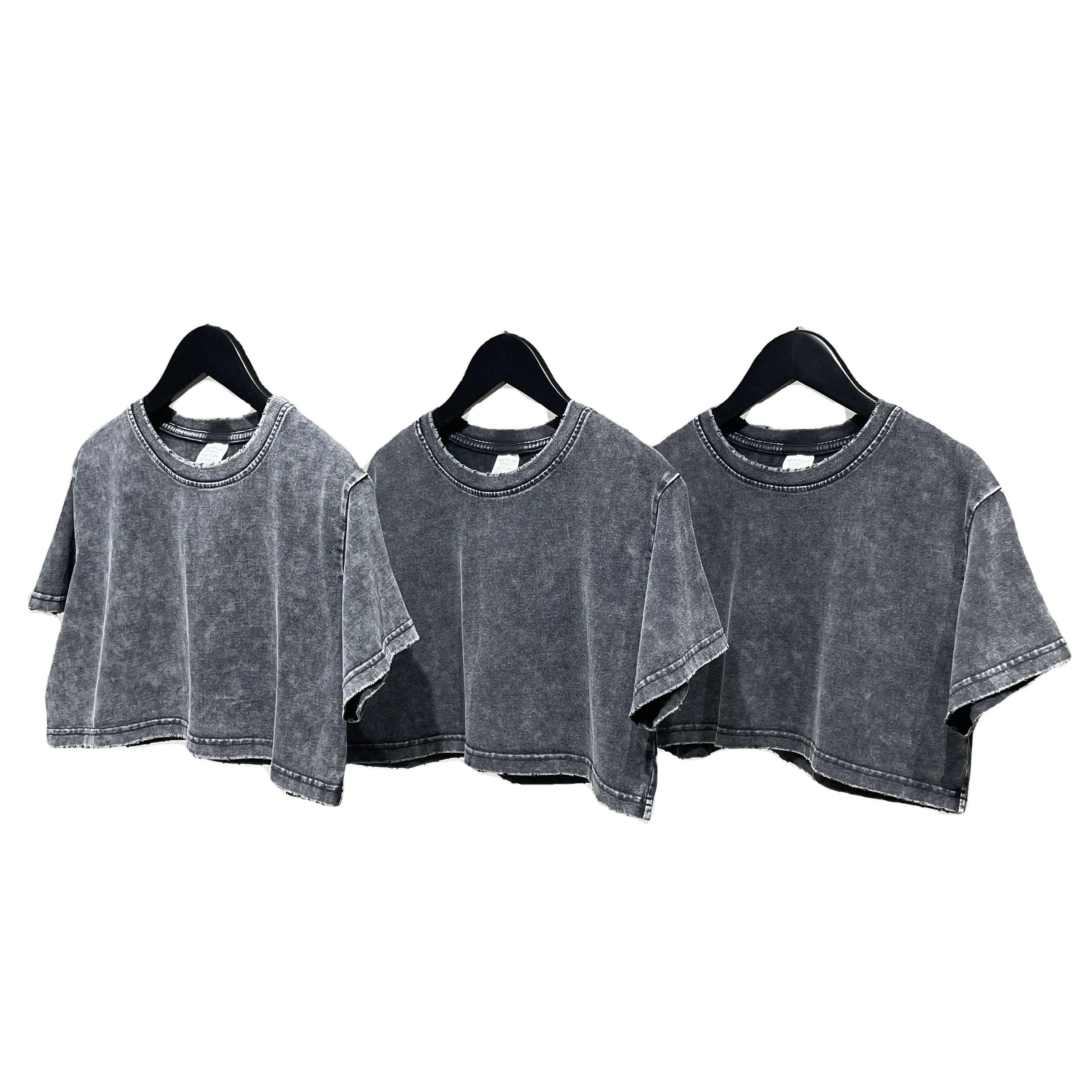 2025  New Style Cotton Acid Wash Vintage Distressed Black Tshirts Girls Hip Hop Punk Crop Tops for Women