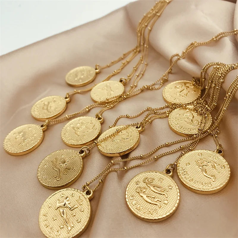 Latest Design Stainless Steel Gold Plated Horoscope Coin Jewelry 12 Zodiac Coin Necklace for Men Women
