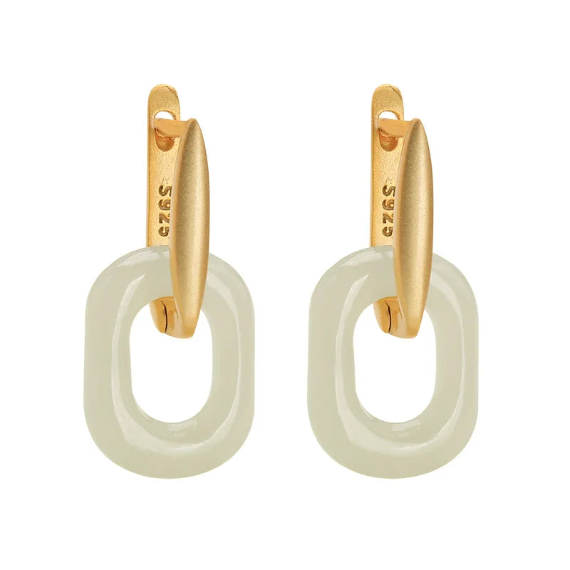 Fashion Frosted Ancient Gold Plated Square Huggie Earrings Women Luxury High Grade Clear Rectangle Nephrite Jade Drop Earrings