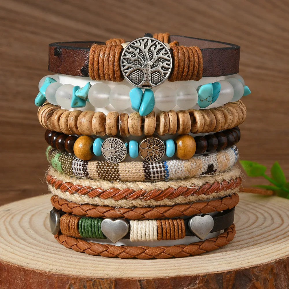Vintage Turquoise Coconut Shell Leather Bracelet Set 7 Piece Multi-layer Wooden Bead New Literary Style Gift