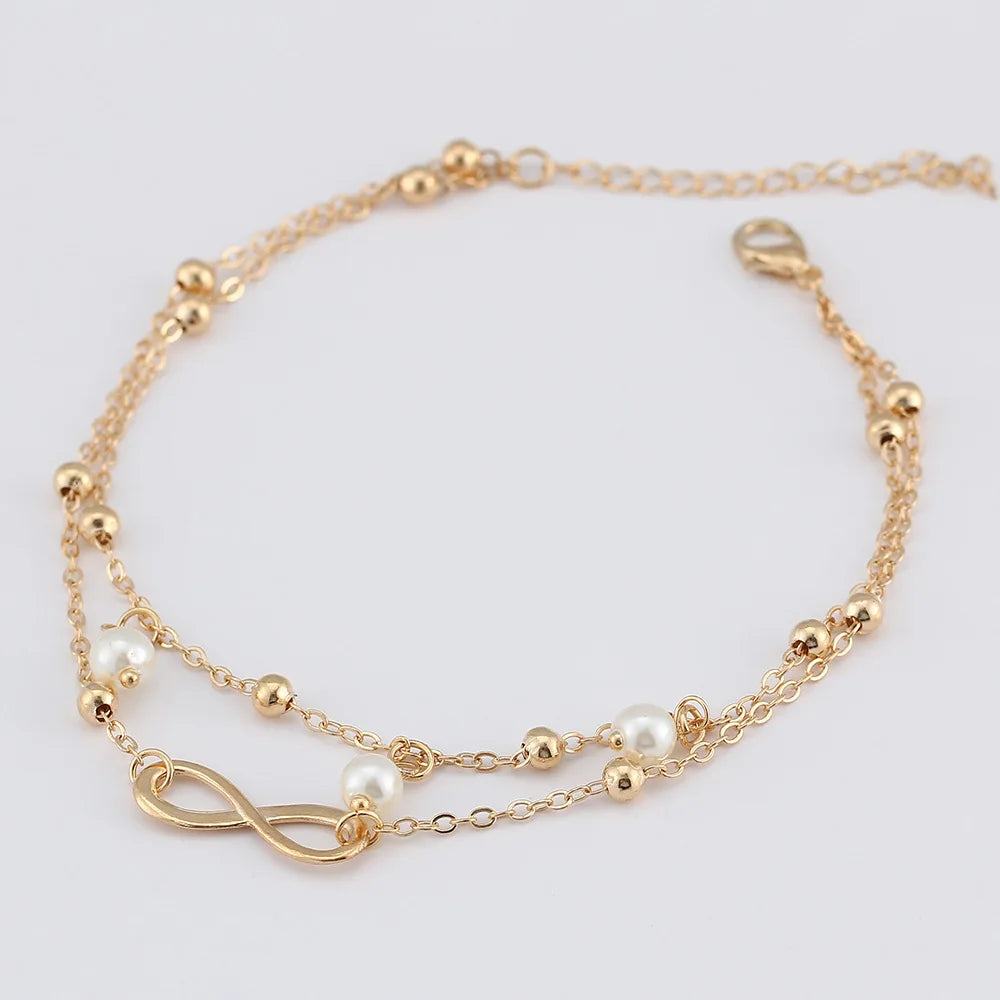 Fashion Retro Artificial Pearl 8 Character Ankle Bracelet Jewelry Hand Beaded Double Layer Bracelet Human