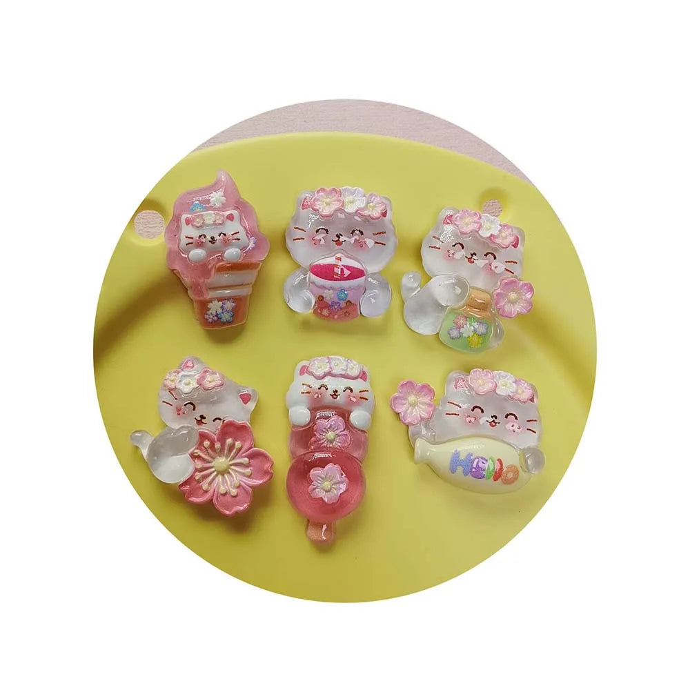 Cartoon Animal Resin Cute Flower Cat Flat Back Cabochon for DIY Phone Case Deco Parts Supplies