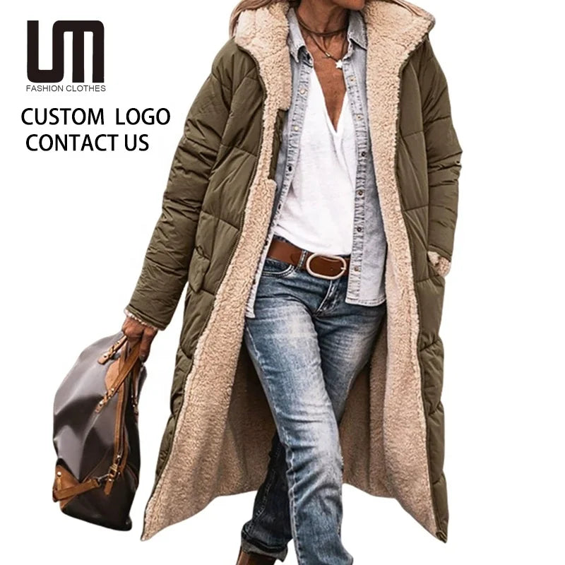 Liu Ming Autumn Winter Trending Women Warm Thick Parkas Solid Color Hooded Long Sleeve Fleece Fashion Coats