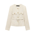 Professional Custom Factory Direct Women Casual Fashion Beige Single Breasted Blazer Tweed Jacket Crew Neck with Closure