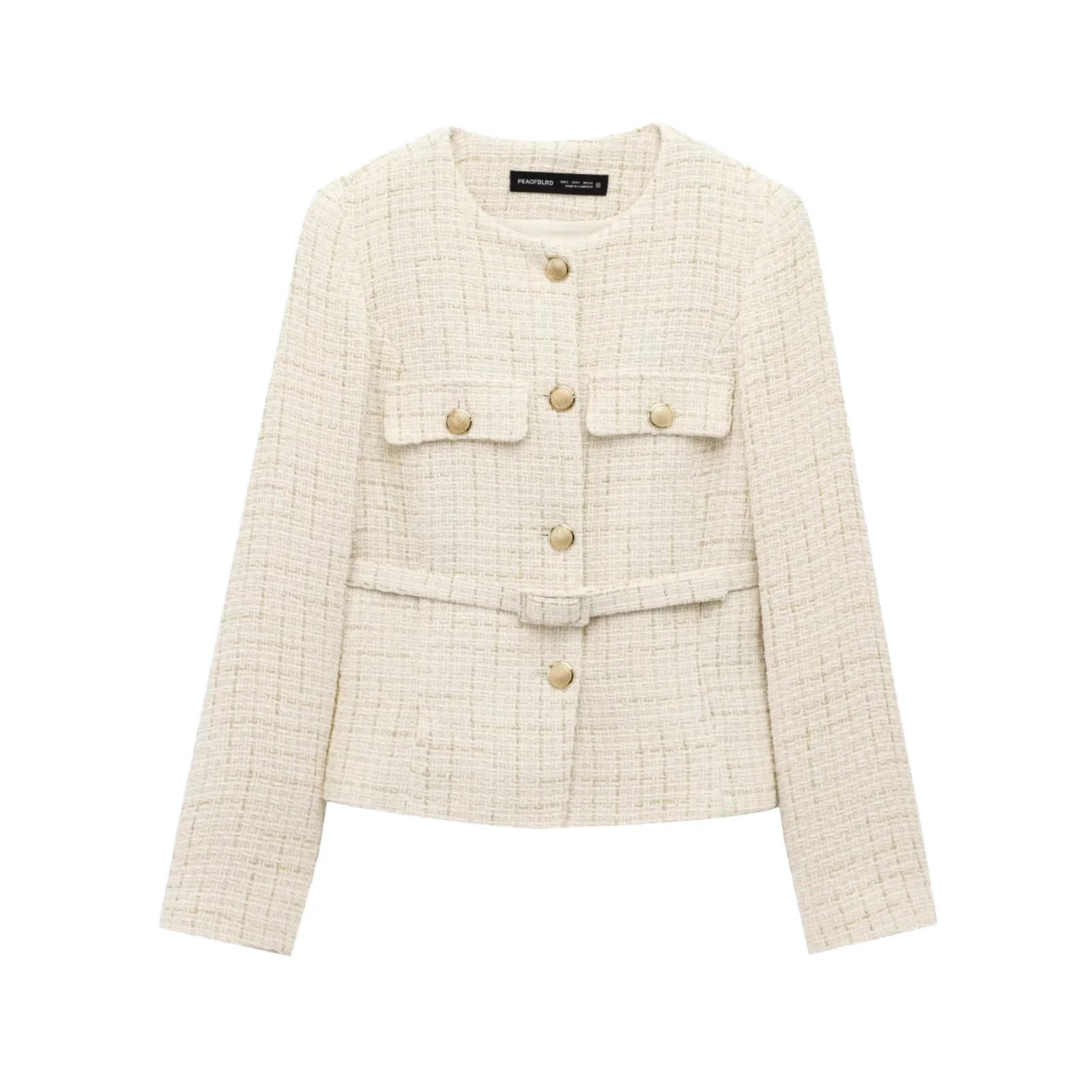 Professional Custom Factory Direct Women Casual Fashion Beige Single Breasted Blazer Tweed Jacket Crew Neck with Closure