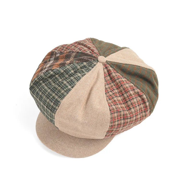Autumn Winter Women's Newsboy Hat Literary Retro Beret with Plaid Patchwork New Big Size for Casual and Sports