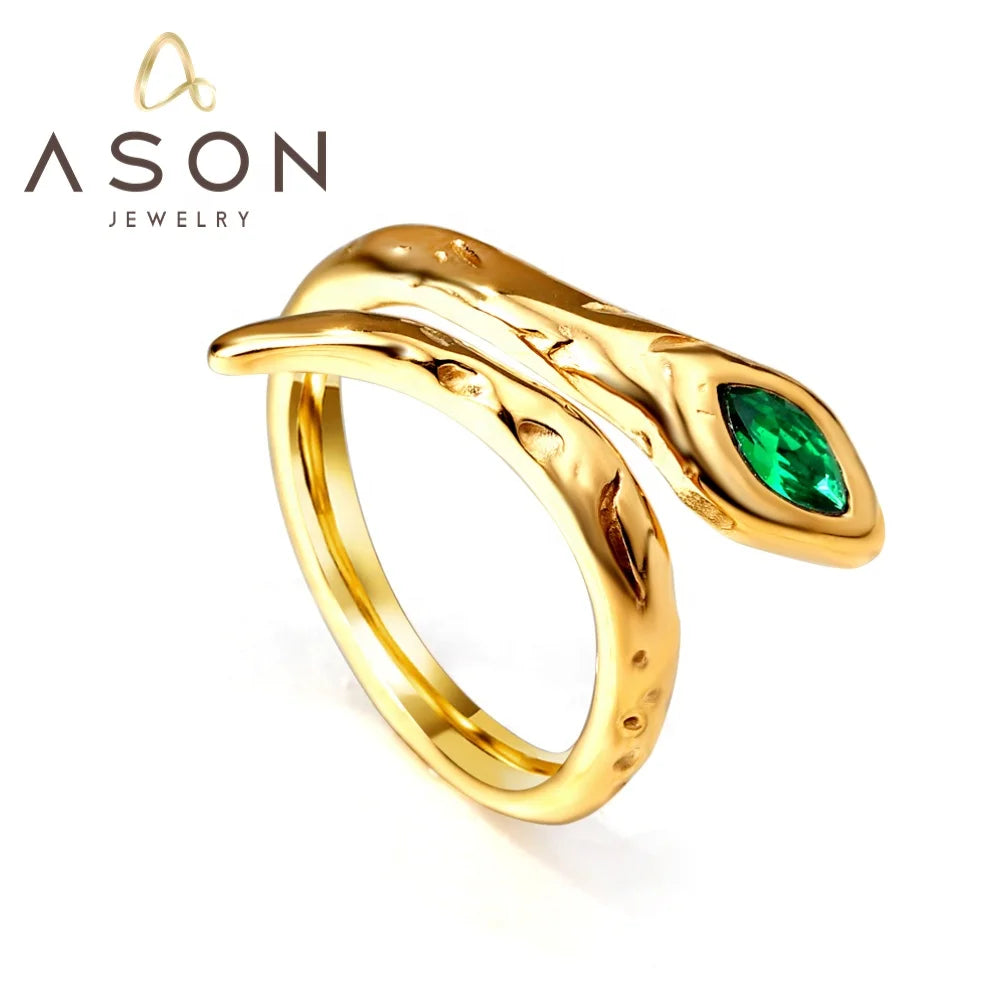 Ason Irregular Surface Lava Serpentine Opening Inlaid Green Diamond Ring Stainless Steel 18K Gold Plated Never Fading Ring