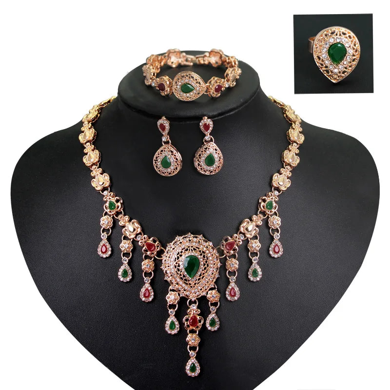 Four-piece Trendy Wedding Jewelry Sets Dubai Bridal Rhinestone Gemstone Necklace Jewelry Set Female