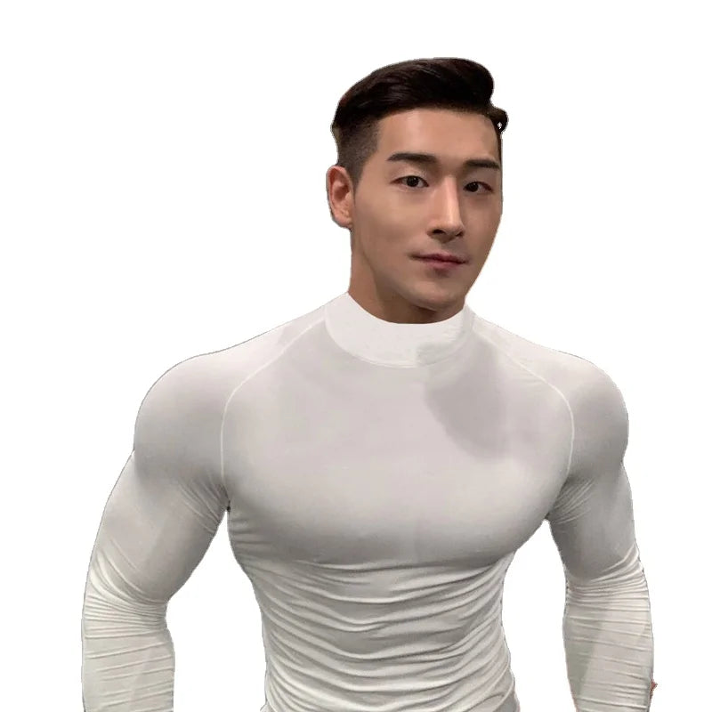 Polyester Spandex Turtleneck Compression Sports Plain Men's White Casual Sports Running Long Sleeve T Shirt