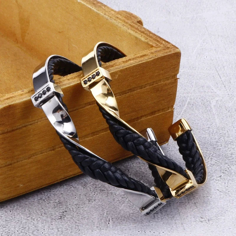 Stainless Steel Leather Bracelet Black Titanium Steel Men's Diamond Bracelet Open Leather Bracelet Jewelry Wholesale