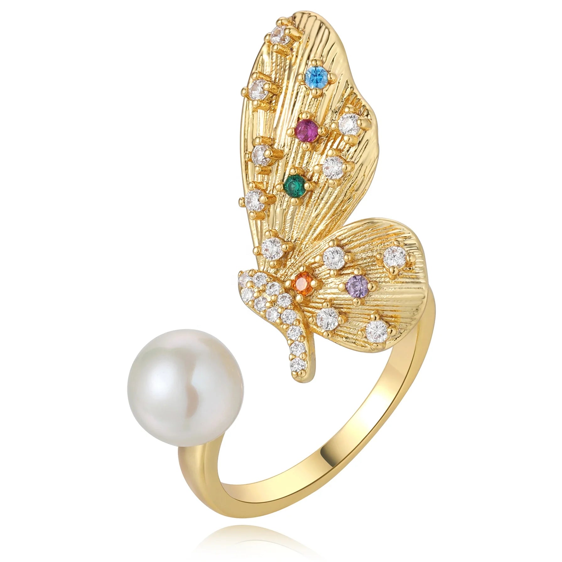 Brass Plating 18k Gold Brushed Inlaid Colorful Zirconia Natural Freshwater Pearl Butterfly Open Adjustable Rings Women Jewelry