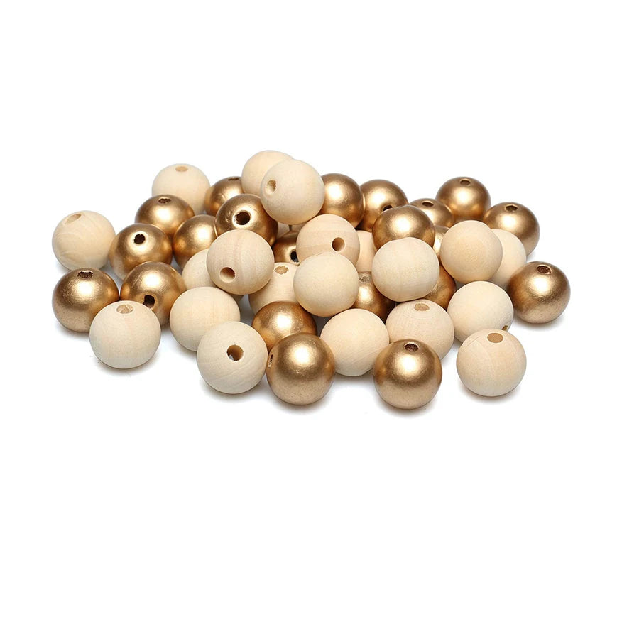100Pcs 16mm Gold Unfinished  Wooden Loose Spacer Beads with 4mm Hole for Jewelry/ Garlands Making Home Decoration