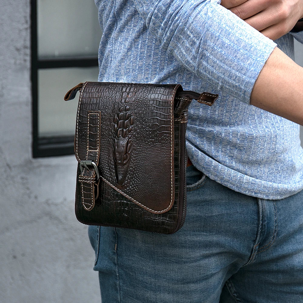 Multifunction Men's Crocodile Pattern Small Real Cowhide Leather Phone Waist Belt Pouch Bag Fanny Packs