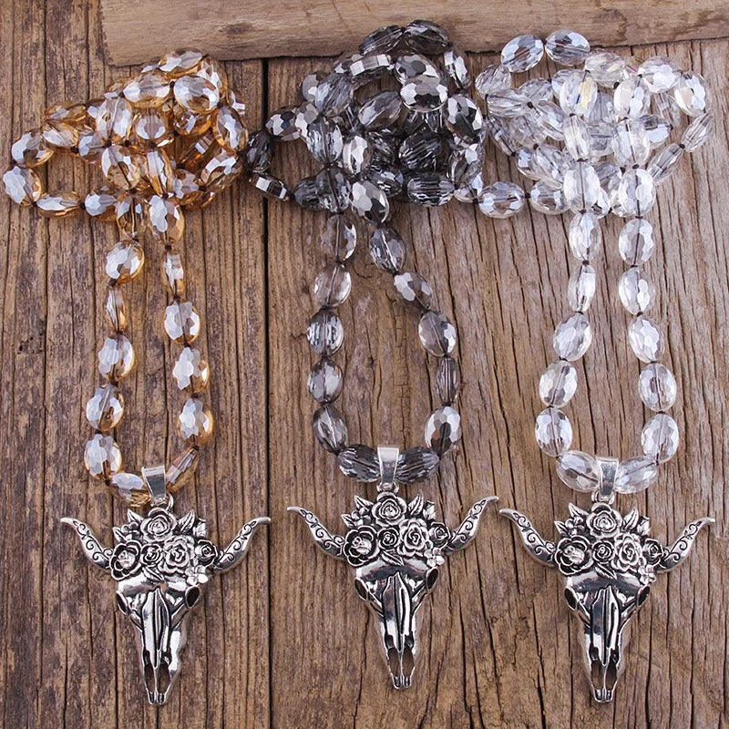 Unisex Festival Gift Bohemian Jewelry Oval Flat Crystal Glass Beads Necklace Alloy Flower Cow Head Bull Skull Pendant Necklace