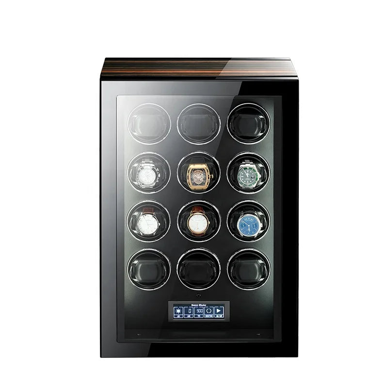 MINEESI Luxury 12-Slot Automatic Watch Winder Mabuchi Motor Touch Screen Remote Control Wood Case Watch Box Storage Protective