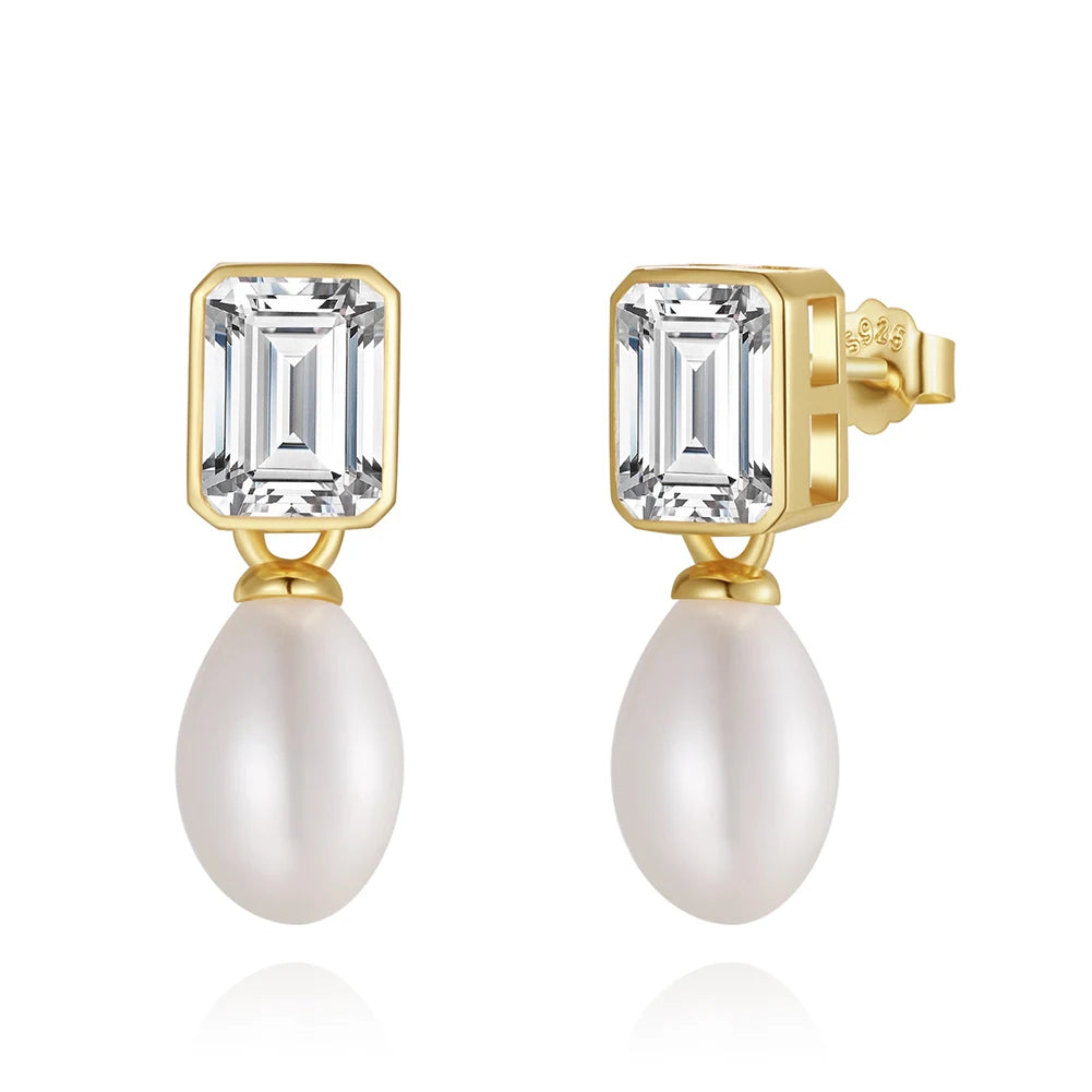 GPE64 RINNTIN 2023 Sterling Silver 925 Pearls CZ Dangle Stud Earrings Freshwater Cultured Genuine Pearl Drop Earrings for Women