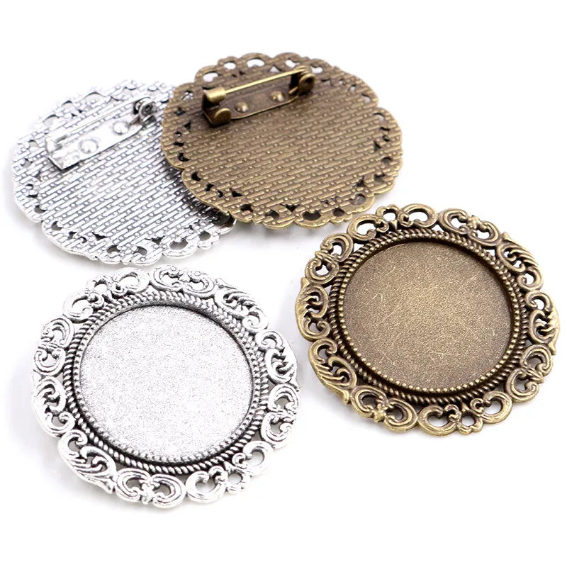 25mm Inner Size Antique Silver Plated Bronze Vintage Flower Lacy Baroque Style Brooch Cabochon Base Setting Blank Trays
