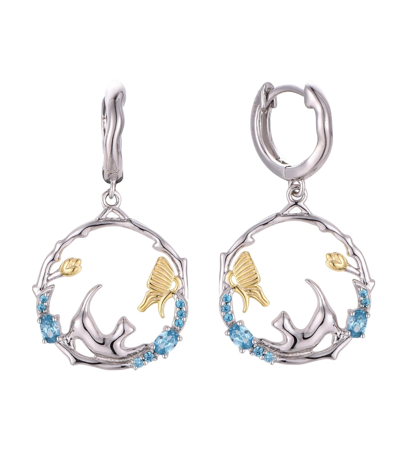 QX Custom OEM S925 Silver 18k Gold Plated Fine Fashion Jewelry Girls Luxury Blue Zircon Butterfly Cat Women Drop Hook Earrings