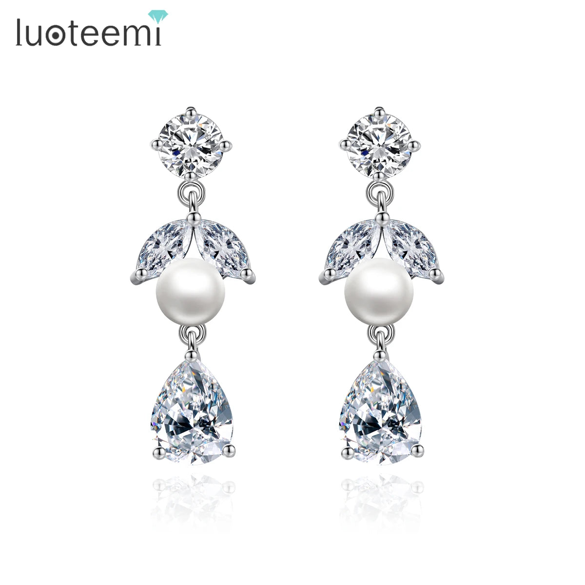 LUOTEEMI Earring Woman Fashion Pearl Geometric Zircon Lady Charm Jewelry Cubic Zirconia Earings for Wedding