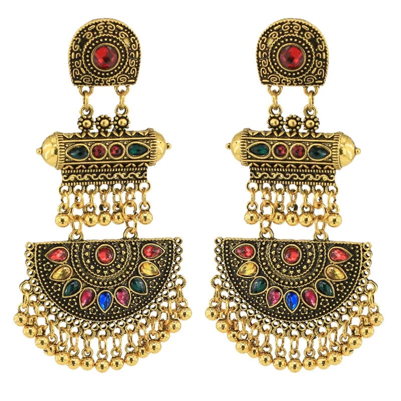 Factory Outlet Vintage Ethnic Style Antique Silver Alloy Inlaid Crystal Beads Tassel Indian Earrings Jewelry