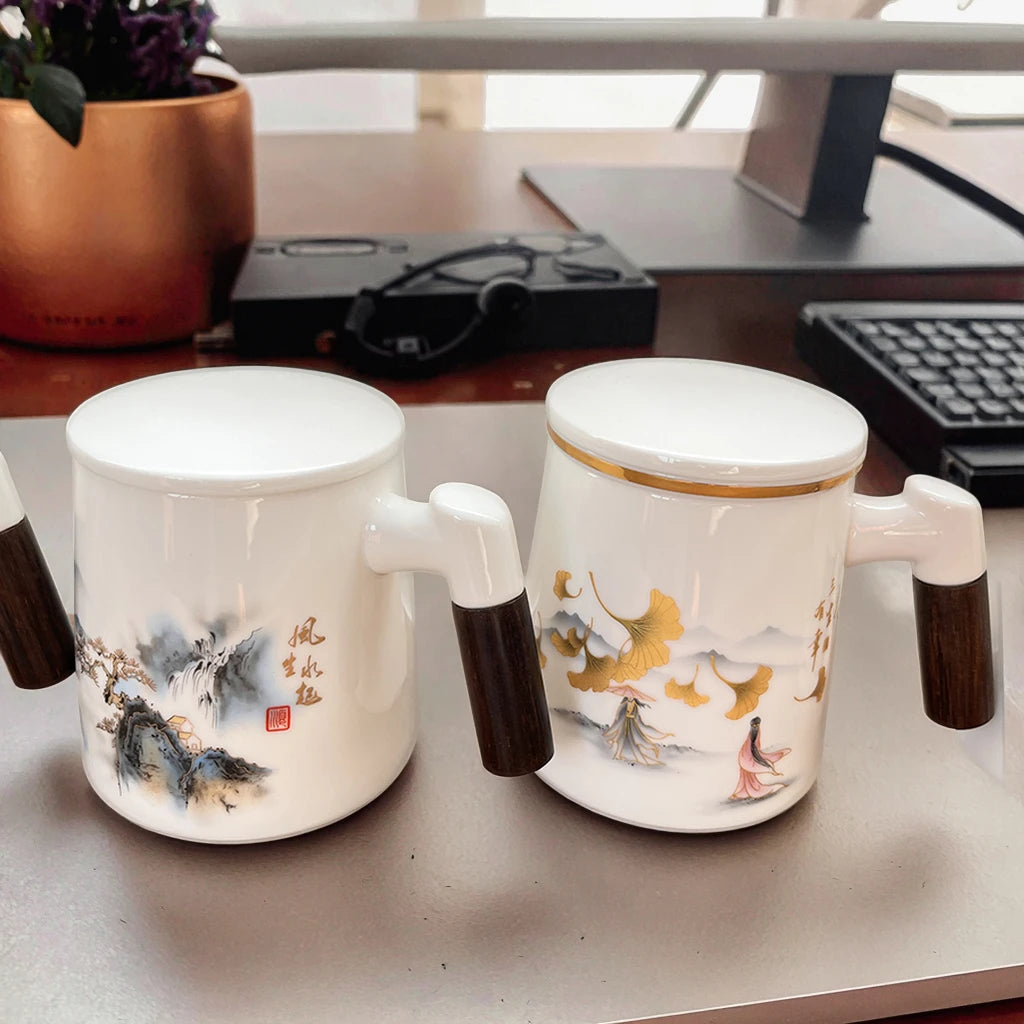Promotional Gifts Ceramic Mug Set 15oz Decal Printing Porcelain Coffee Cup White with Chinses Design Coffe Mug Tea Mug