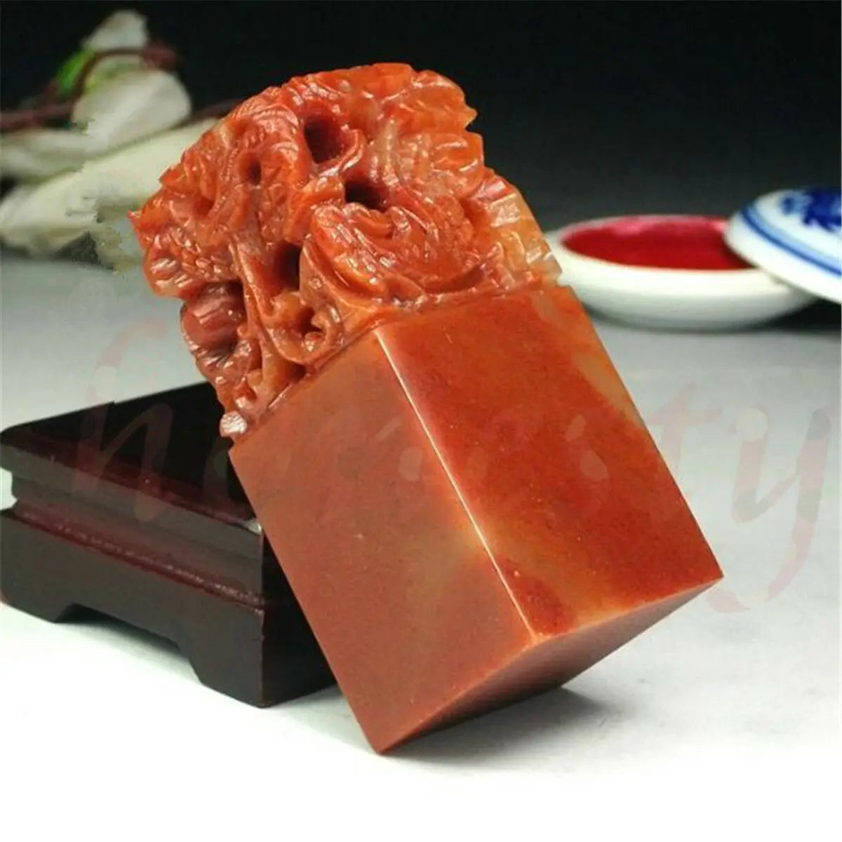 Chinese Traditional Still Life Scarlet Carving Sculpture Name Stone Jade Seal Stamp From Guangdong Punctual Brand