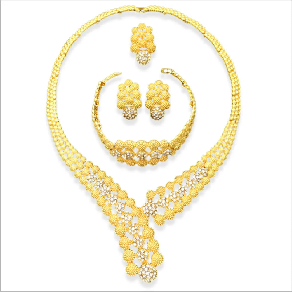Fashion Brass Alloy with Gold Plated Dubai Jewelry Sets Charm Necklace Earring Ring Bracelet Jewellery Set for Women