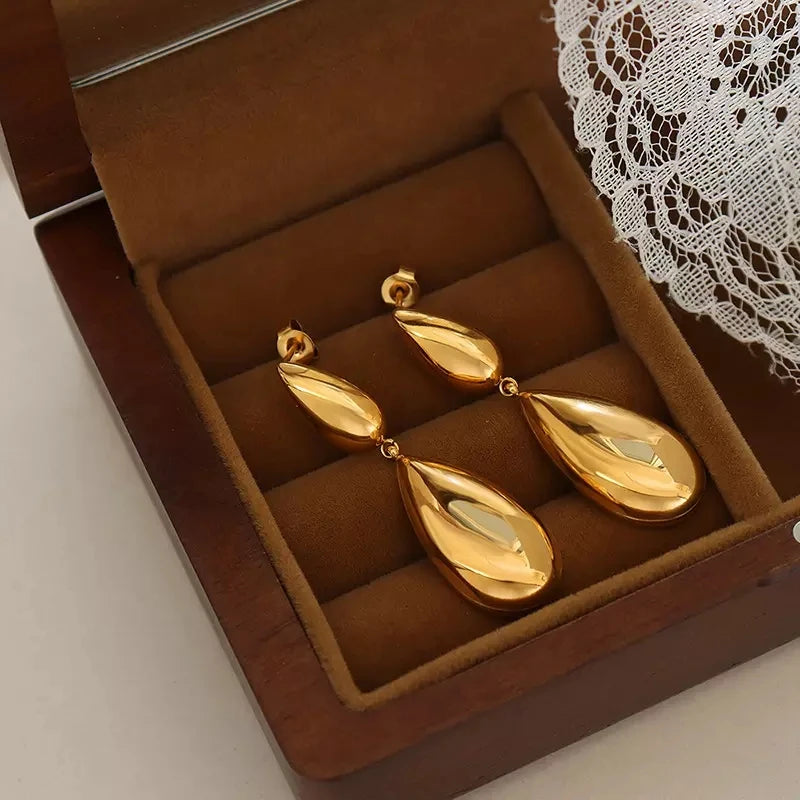 18k Pvd Gold Plated Water Drop Earring Stainless Steel Smooth Chunky Panel Waterdrop Earring