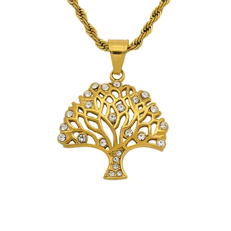 Unique Design Classic 18K Gold Plated Crystal Stainless Steel Rope Chain Hollow Tree Life Pendant Necklace Unisex Anniversary