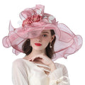Women's Fashion Organza Wedding Party Hat Big Flower Sun Hat Long Brim for Church Kentucky Derby Business Ladies Character Style