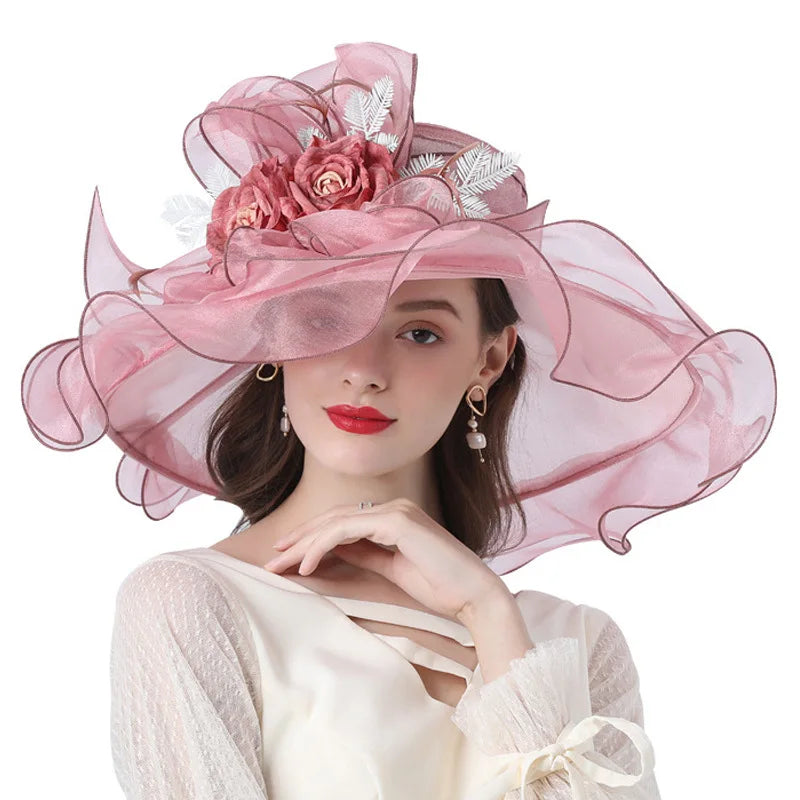 Women's Fashion Organza Wedding Party Hat Big Flower Sun Hat Long Brim for Church Kentucky Derby Business Ladies Character Style