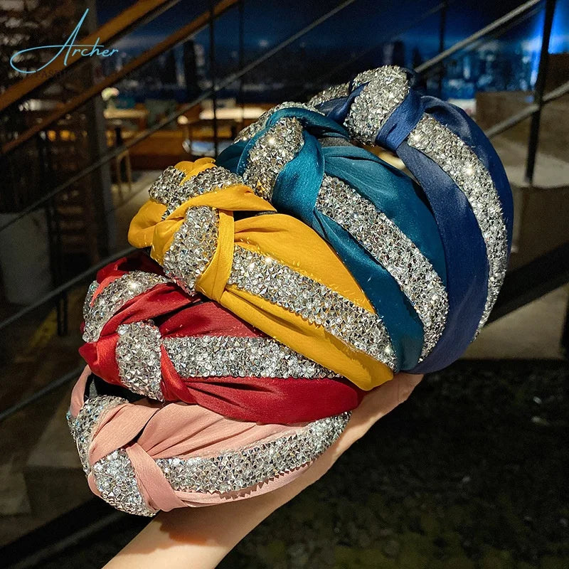 Wide Knot Solid Color Satin Rhinestone Fabric Women's Fashion Hair Band Head Grotches-Multi-Color 3.5CM Circumference