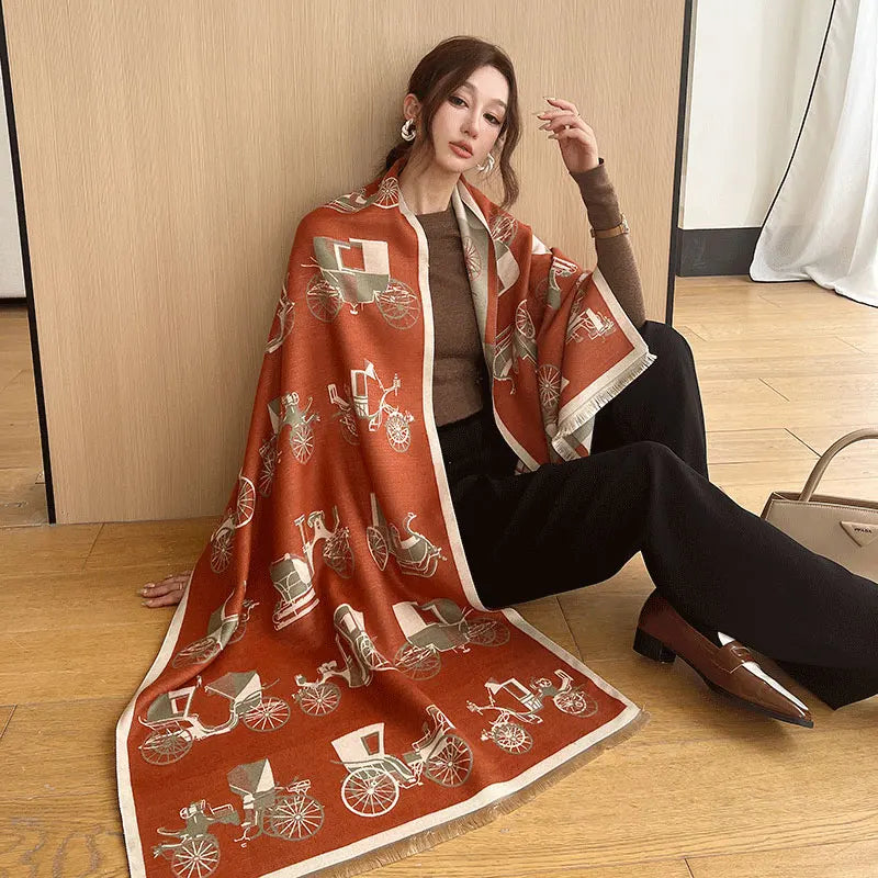 Elegant Korean Car Horse Design Winter New Shawl-Thick Warm Cashmere Scarf for Women Traditional Scarves Shawls for Cold Weather
