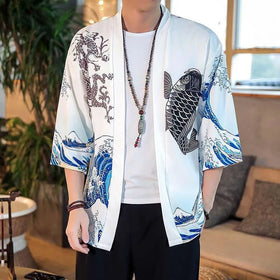 M-3XL Japanese Wave Carp Printed Kimono Men's and Women's Loose 3/4 Sleeves Thin Shirt