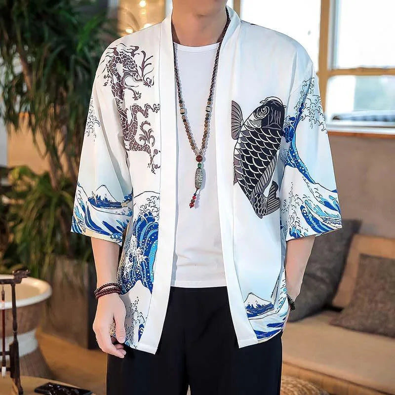 M-3XL Japanese Wave Carp Printed Kimono Men's and Women's Loose 3/4 Sleeves Thin Shirt