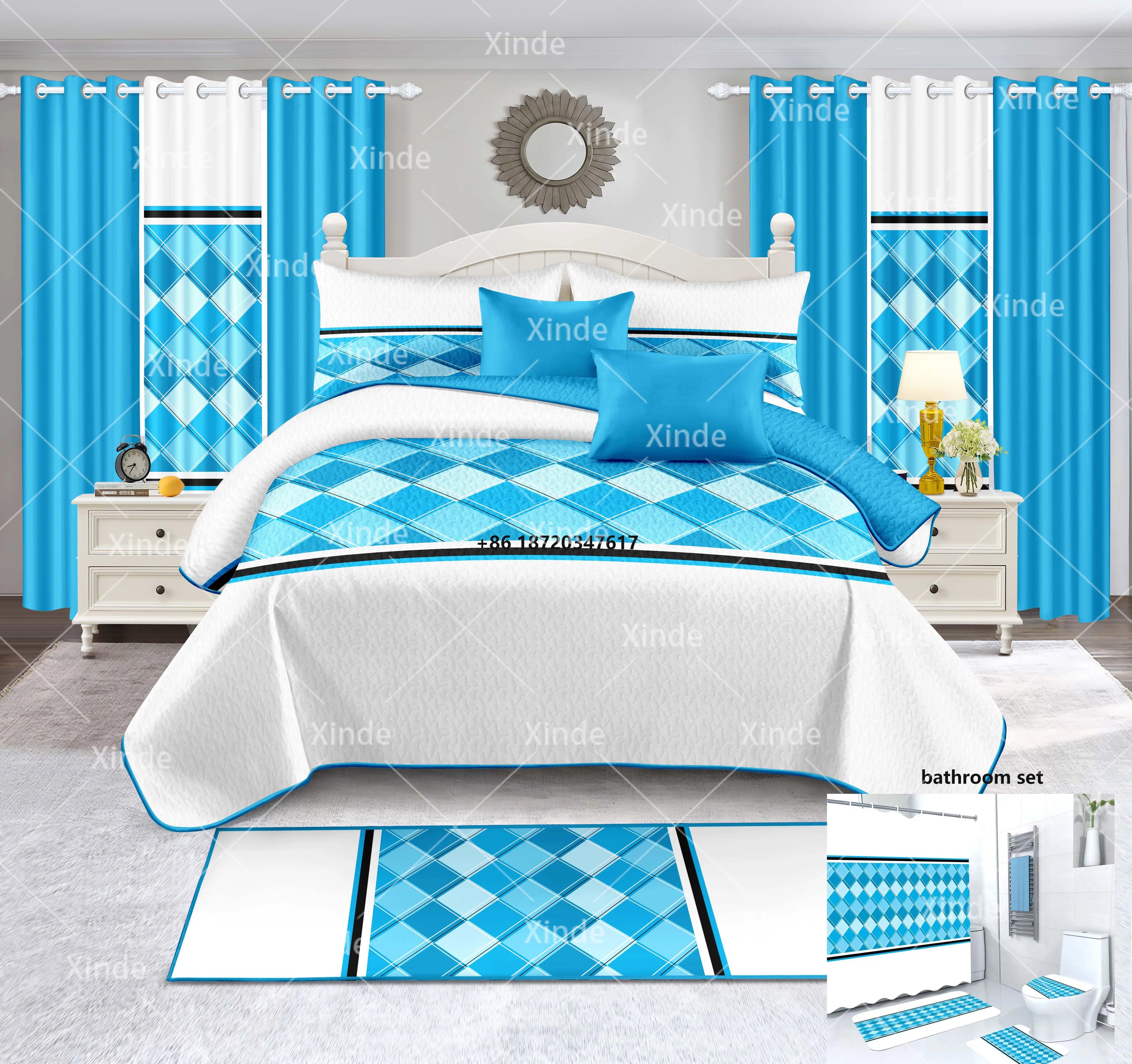 2023 New Design 20 Pieces Quilted Bedspread Set with Curtains Ready to Ship Customized 100% Cotton Quilt Set with Bathroom Set