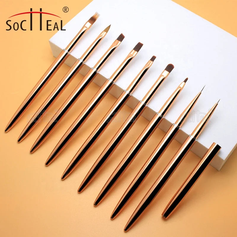 OEM Socheal Gold Metal Handle Nylon Hair Liner Nail Gel UV Flat Oval Ombre Pen Painting 3D Carved Brush