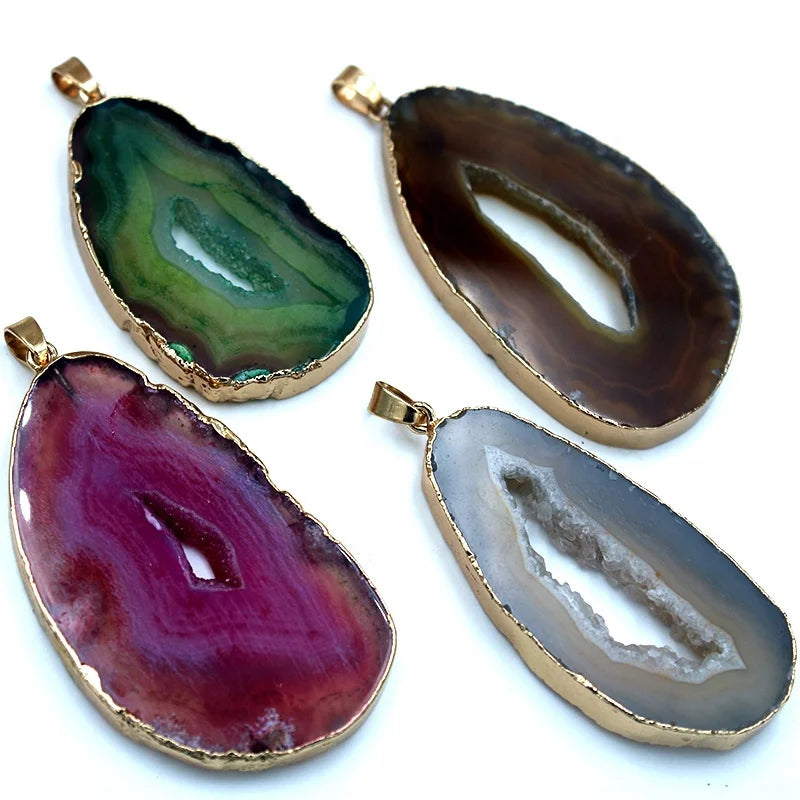 Natural Stone Electroplated Window Agate Pendant Slice Agate Druzy Pendants for Necklace Jewelry Making