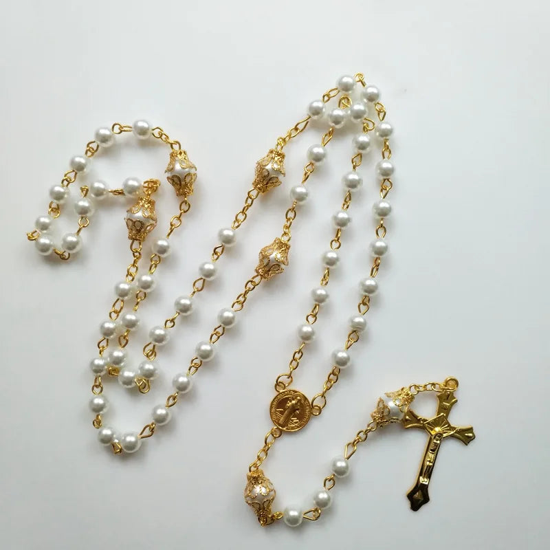 Religion Christ Pearl Jewelry Catholic Prayer Bead Necklace Cross Catolicos Mayor Muslim Rosary