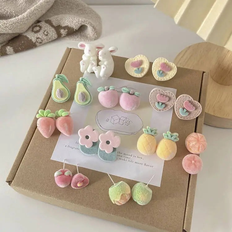 Korean Stud Earrings New Autumn Plush Flocking Animal 925 Silver Needle Female Small Cute Rabbit Peach Fruit Stud Earrings