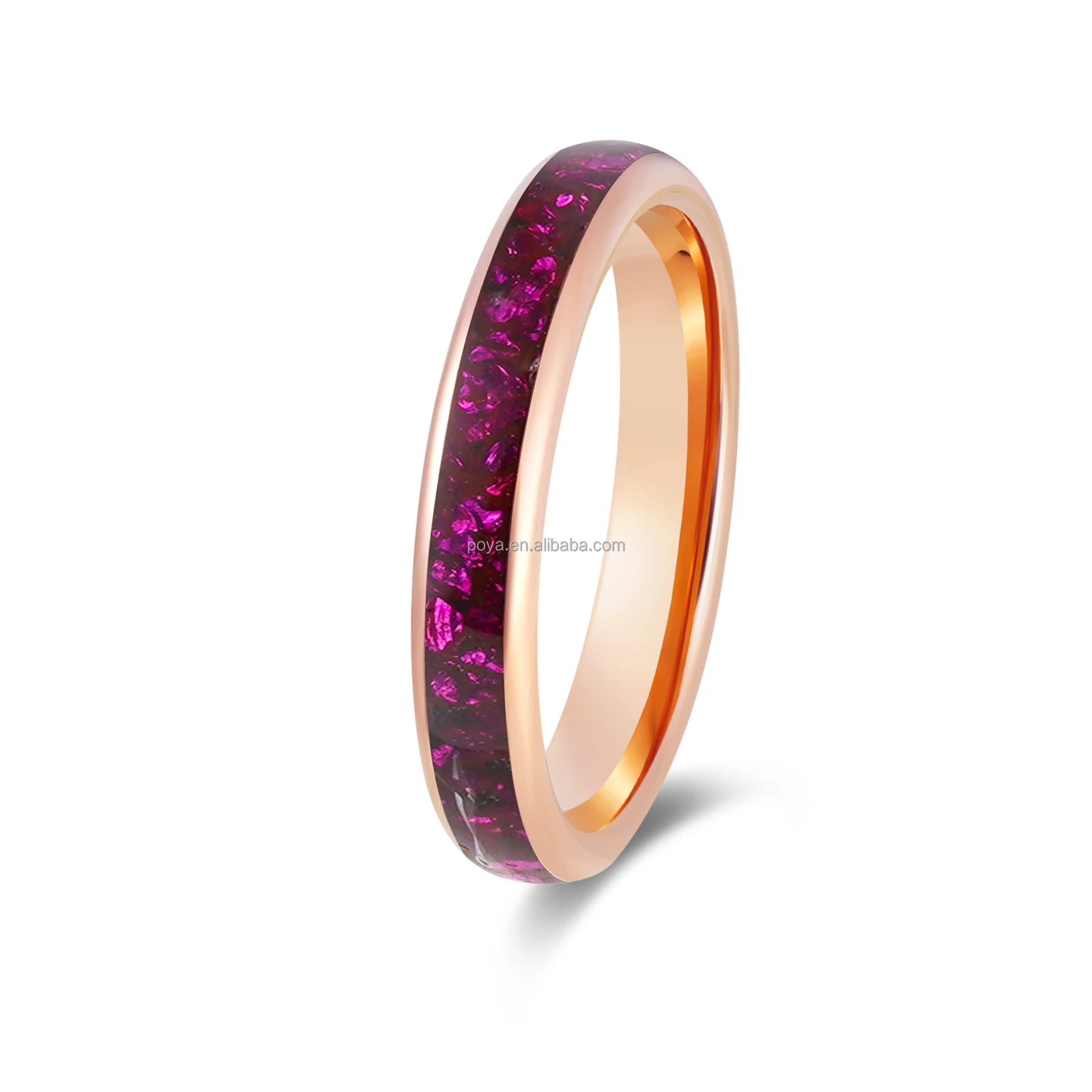 Poya New Design Classic Rose Gold 4mm Domed Tungsten Wedding Band Ring for Women Fashionable with Pink Gravel Inlay Gift