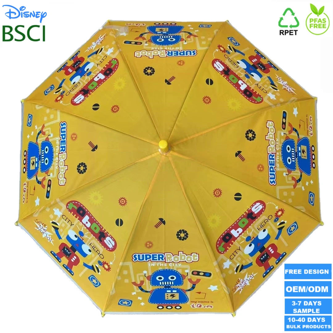 Straight Automatic Kids Umbrella for the Rain Rainproof Cartoon Umbrella with 4 Printed Robot Assorted