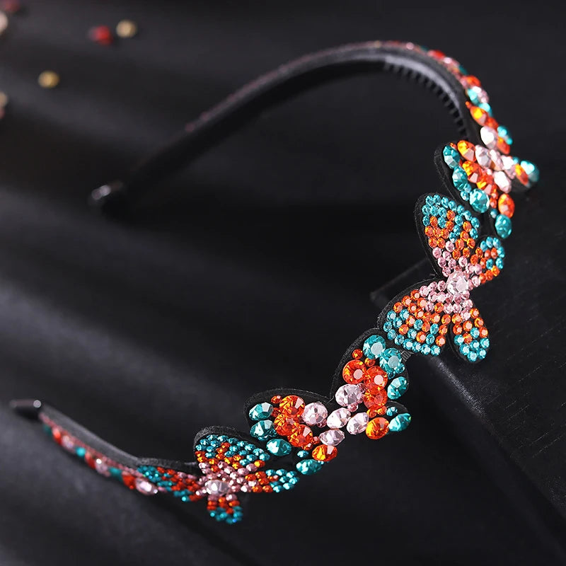 HX-077 Simple Fashion Butterfly Rhinestone Headband with Czech Drill Design for Women 5 Colors Shiny Hair Accessory