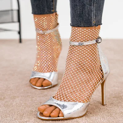 Hot Sale Fashion New Thin Heel Rubber Bottom Back Zipper Pu Mesh Rhinestone Summer Winter Cushioned Breathable Comfort Women's