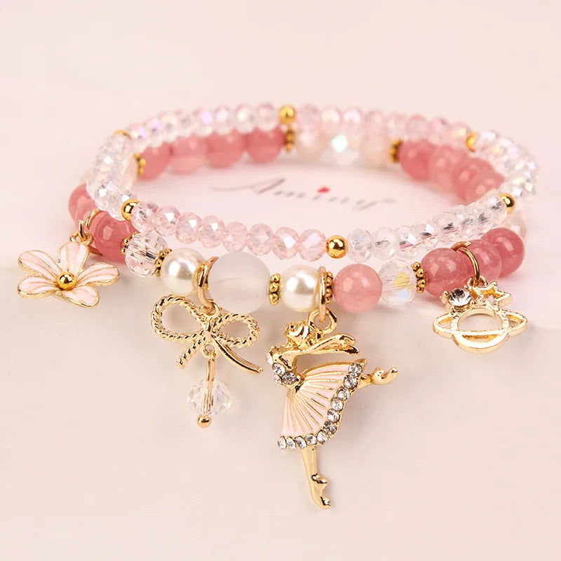 Sweet Bow Knot Flower Ballet Girl Pendant Charm Bracelet Jewelry Elastic Rope Double Layer Dancing Girl Crystal Bead Bracelet