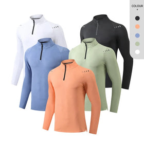 Men Gym Quarter Zip Shirts Polo Collar Long Sleeve Shirts Polyester Highly Quality Training Muscle Shirts