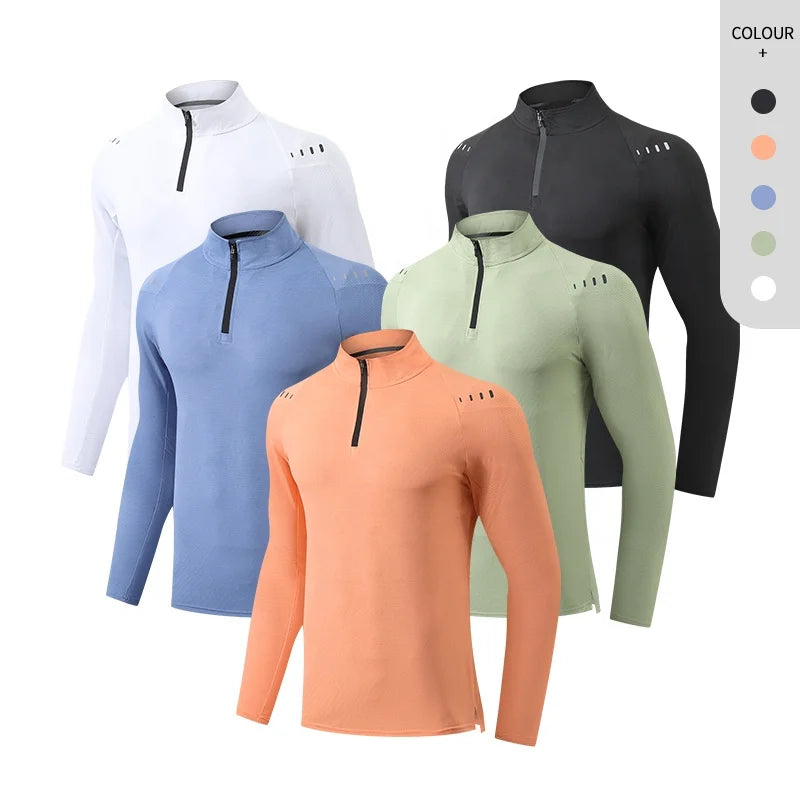 Men Gym Quarter Zip Shirts Polo Collar Long Sleeve Shirts Polyester Highly Quality Training Muscle Shirts