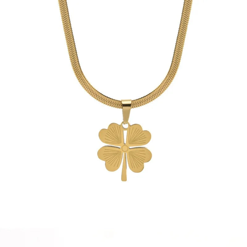 New Wholesale Hip Hop Hollow Gold Plated Stainless Four Leaf Clover Necklace for Women With Blade Chain